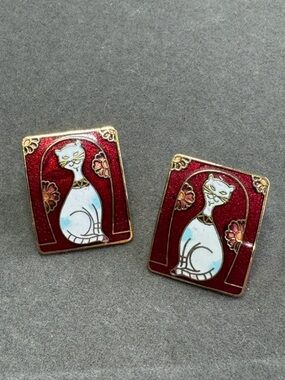 Vintage-Inspired Red Enamel Cat Earrings